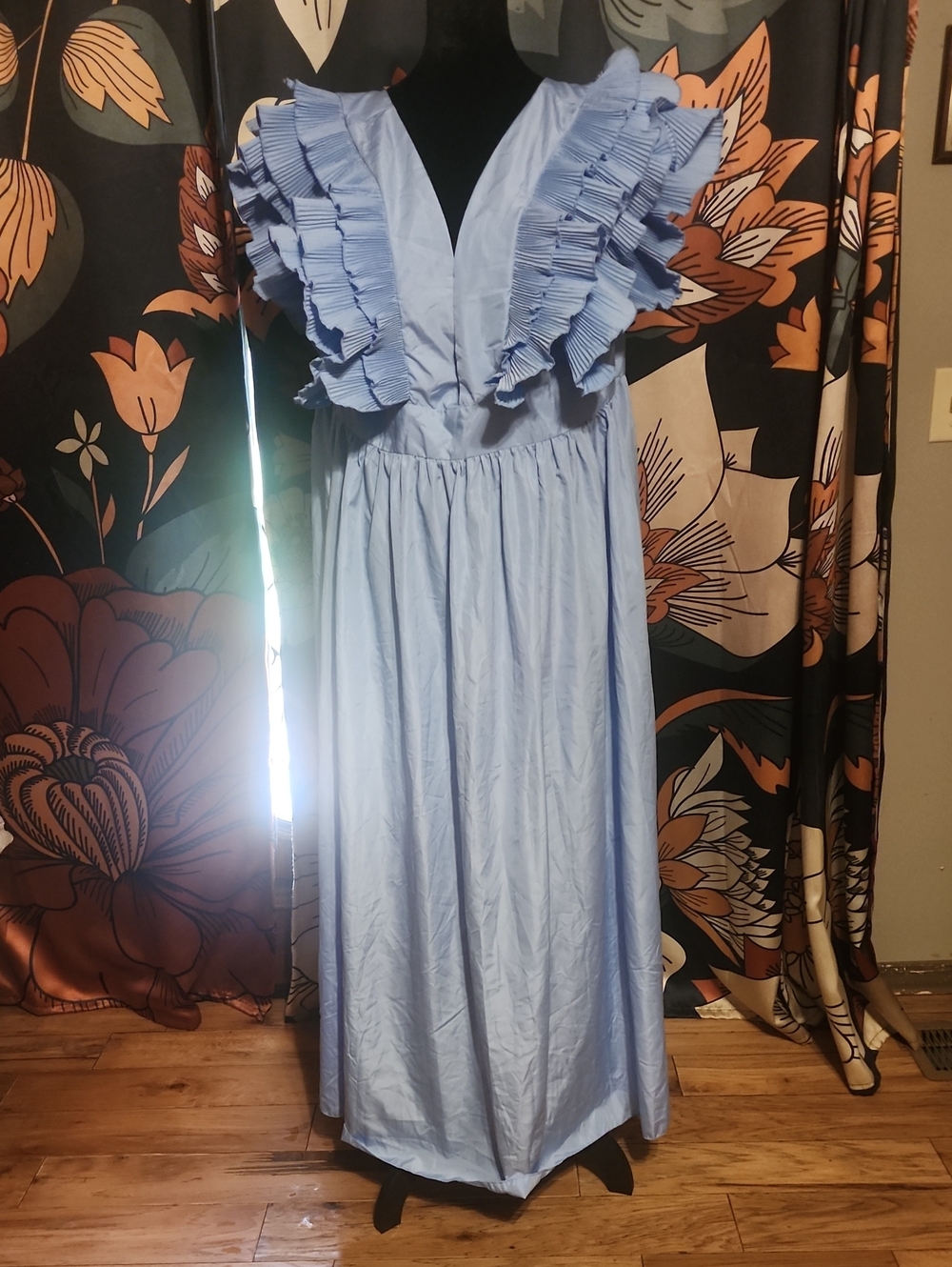 Light Blue Ruffle V-Neck Maxi Dress